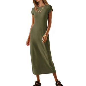 NEW NWOT Dark Olive Green Sz Large Stretchy Tee Shirt Dress Pockets MEROKEETY